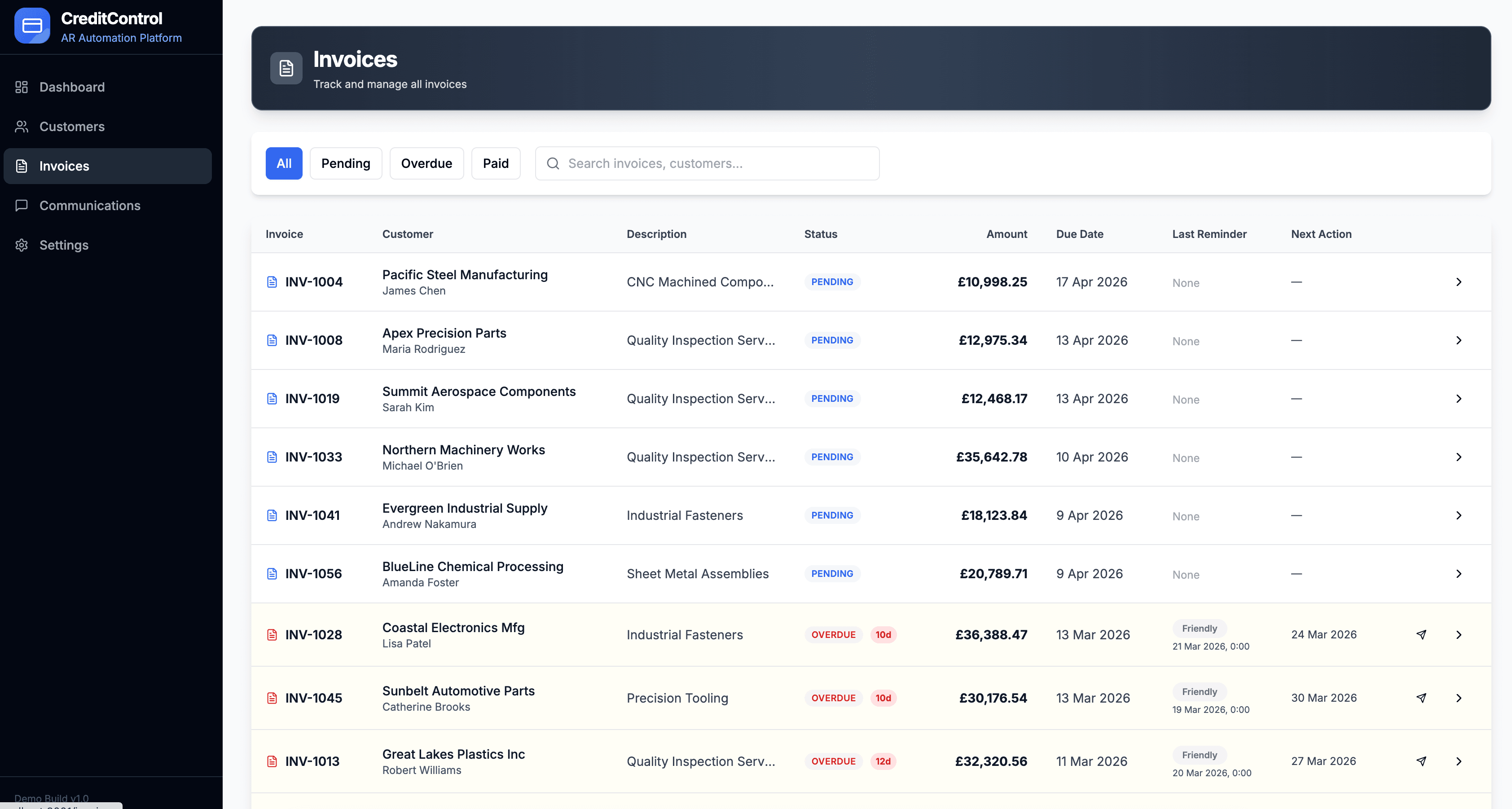 AR Recovery Invoices - Track and manage all invoices with status filters and overdue tracking